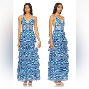NWT Caroline Constas New York Blue White Tiered Maxi Dress Bohemian Boho Small